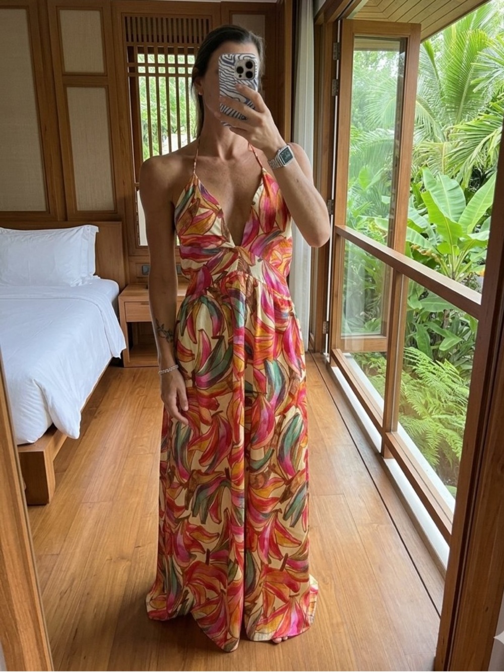 FARM Rio x Anthropologie Plunge-Neck Tropical Print Maxi Dress Size Medium NWT